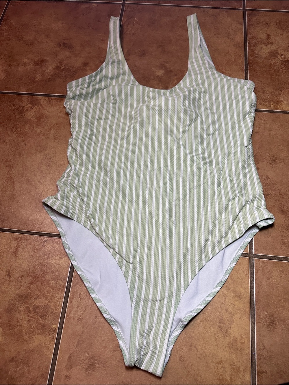 H&M Light Green and White Striped Scoop One-Piece Swimsuit
